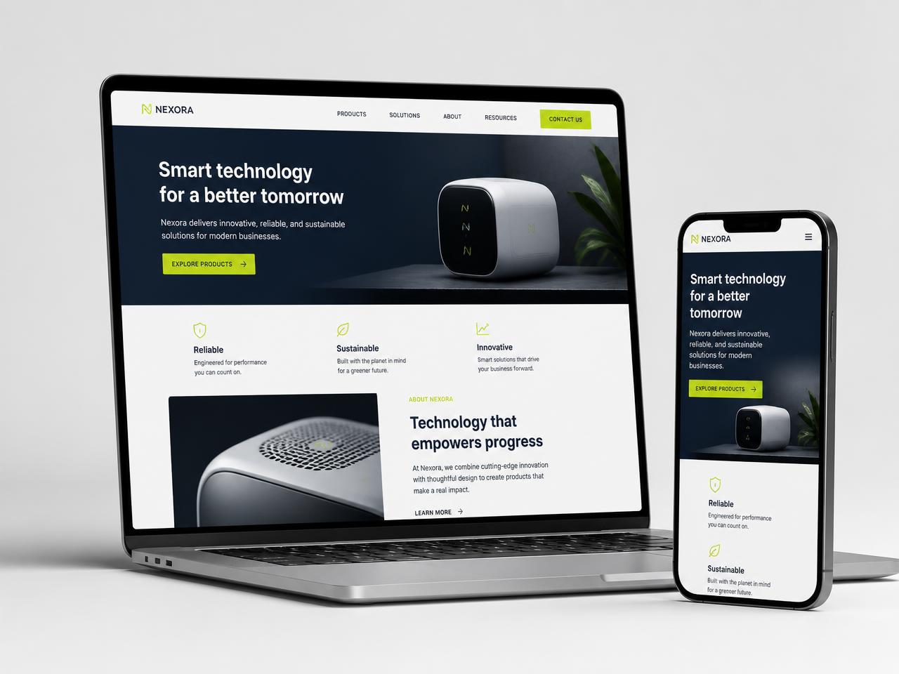 Voorbeeld van een moderne one-page website op laptop en telefoon